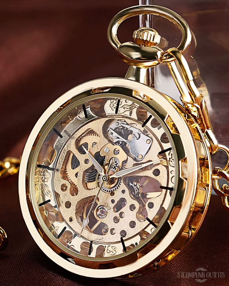 Gold Steampunk Skeleton Pocket Watch