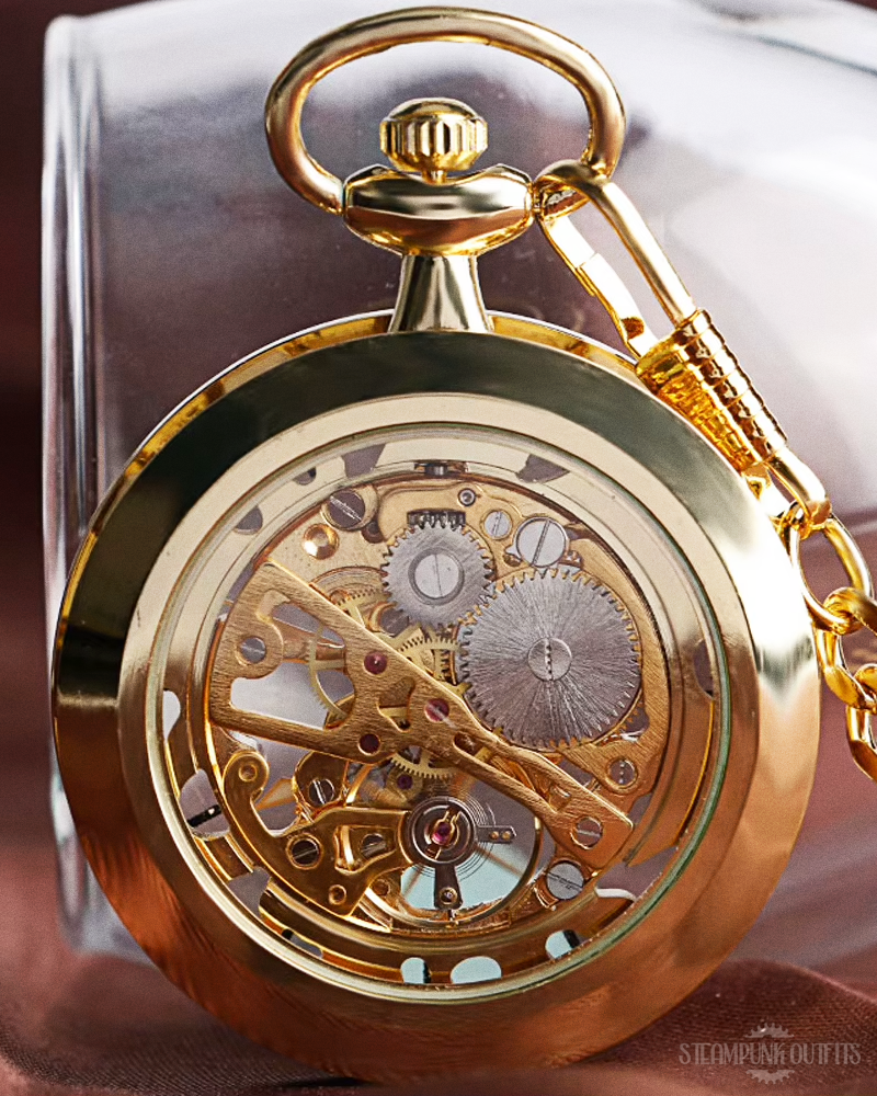 Gold Steampunk Skeleton Pocket Watch