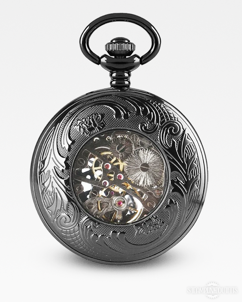 Steampunk Black Skeleton Pocket Watch