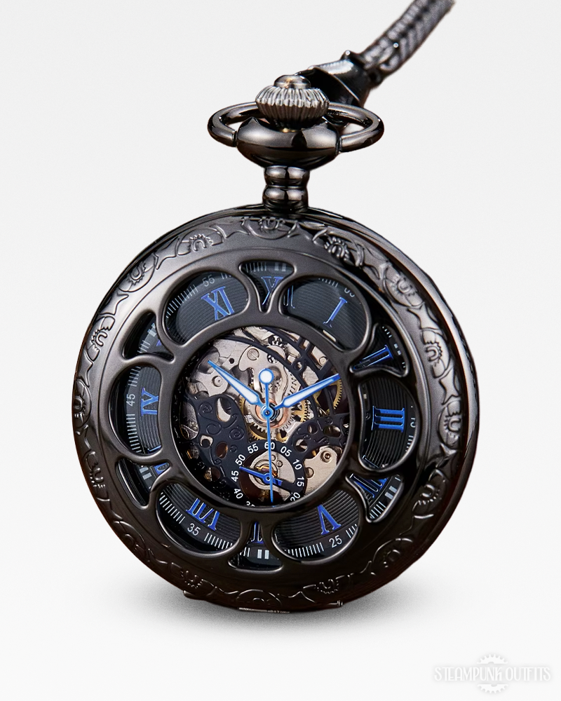 Steampunk Black Skeleton Pocket Watch