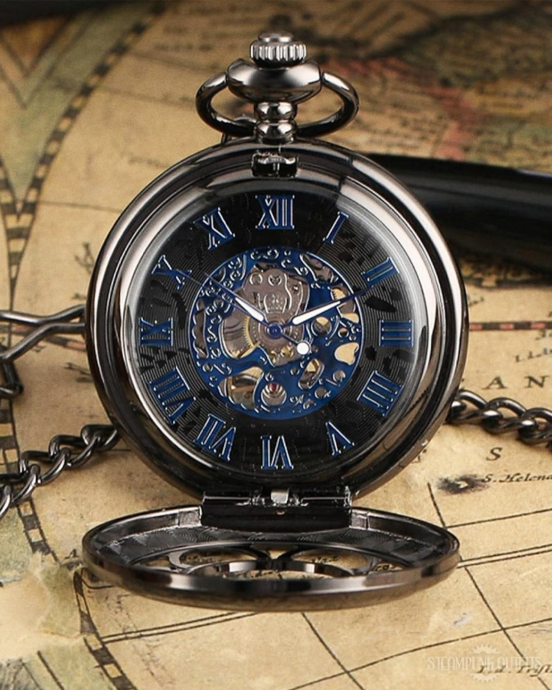 Steampunk Black Skeleton Pocket Watch