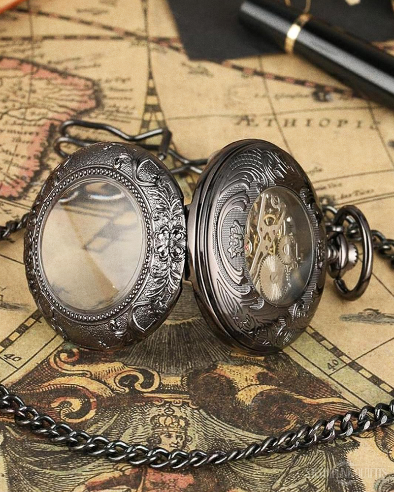 Steampunk Black Skeleton Pocket Watch