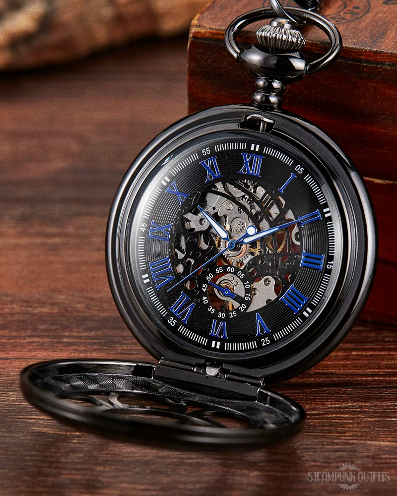 Steampunk Black Skeleton Pocket Watch