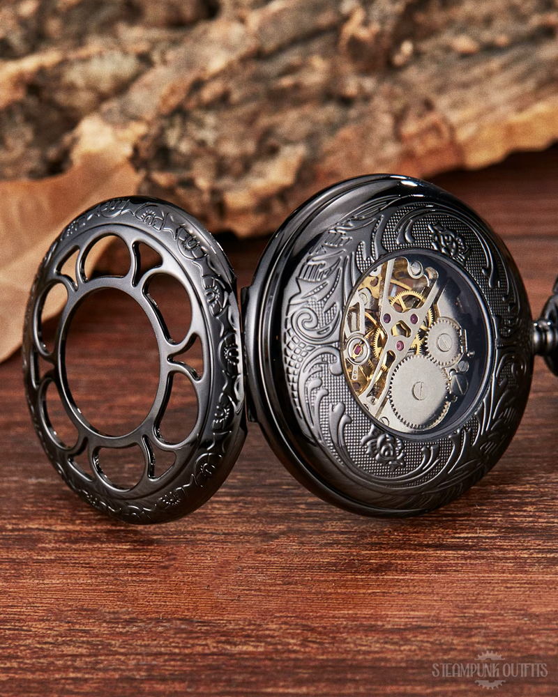 Steampunk Black Skeleton Pocket Watch